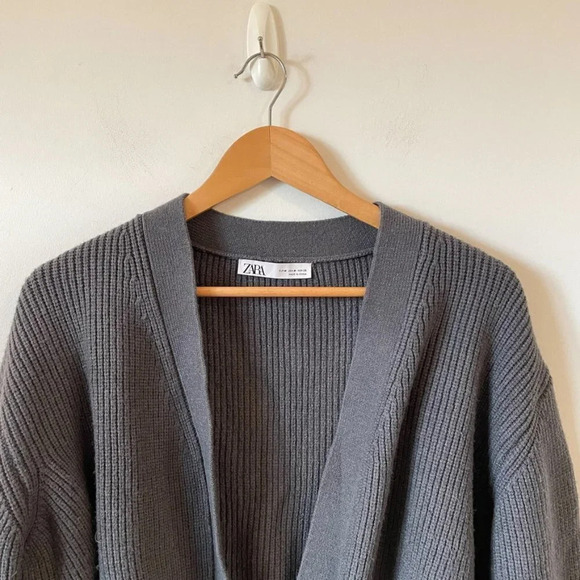 Zara Purl Knit  Open Front Ribbed Knit Cardigan Sweater Grey Size Medium - Picture 6 of 9